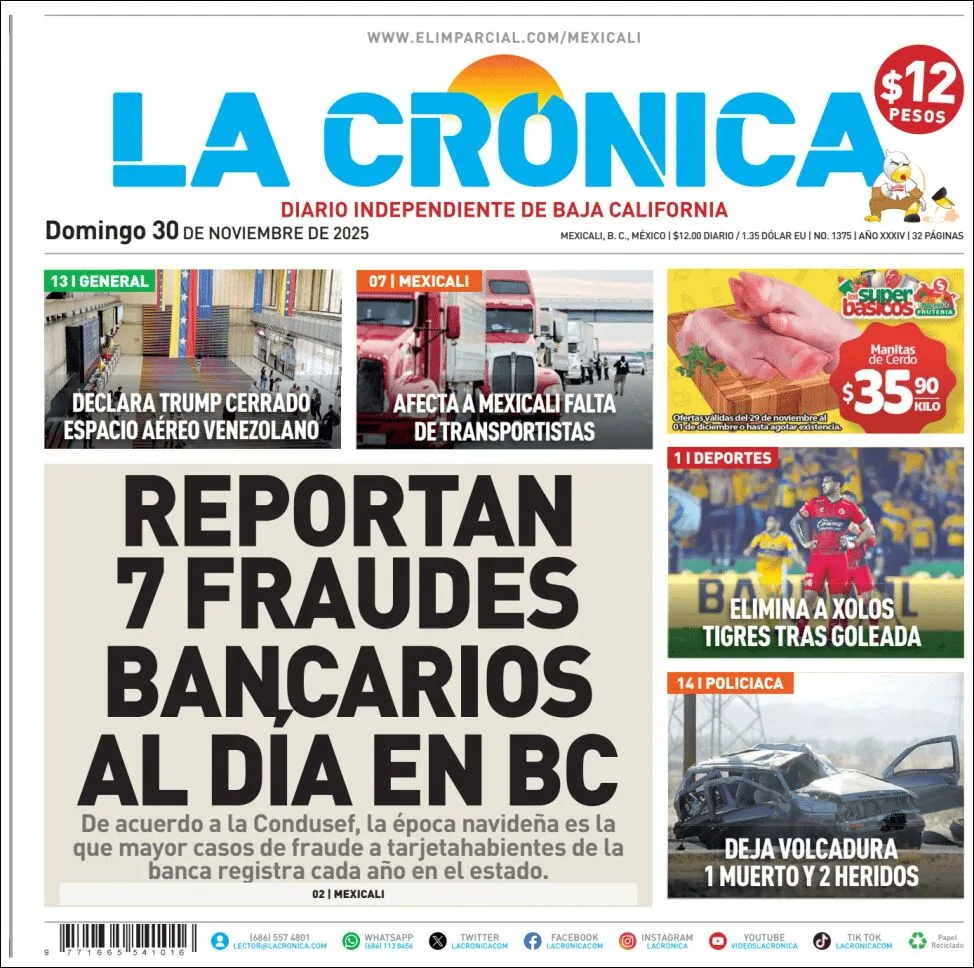 Portada de La Cronica del domingo, 30 de noviembre de 2025