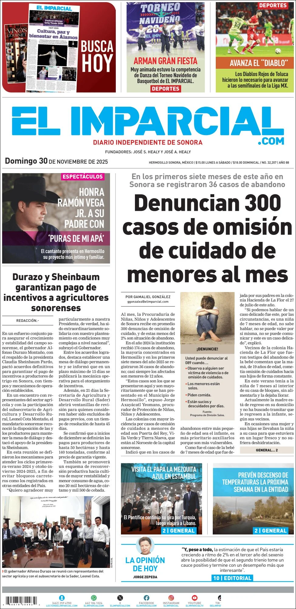 Portada de El Imparcial del domingo, 30 de noviembre de 2025