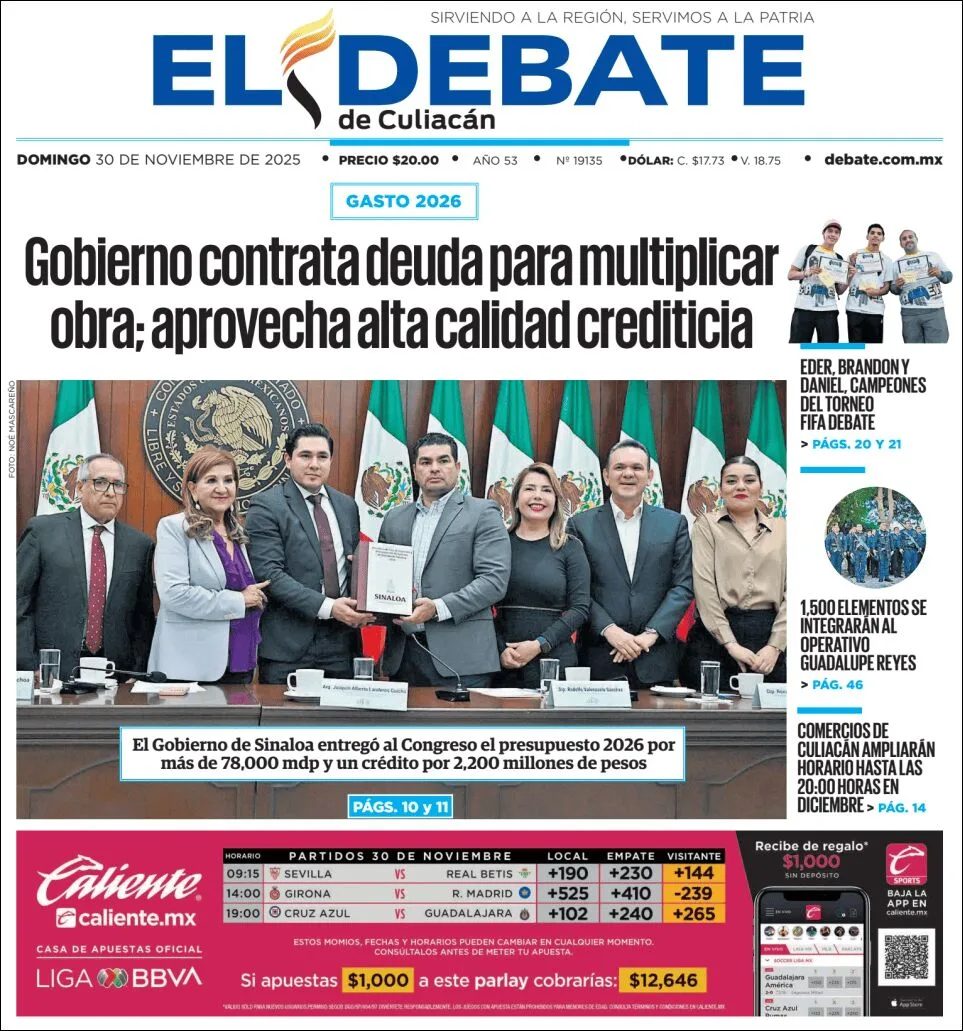 Portada de El Debate de Culiacan del domingo, 30 de noviembre de 2025