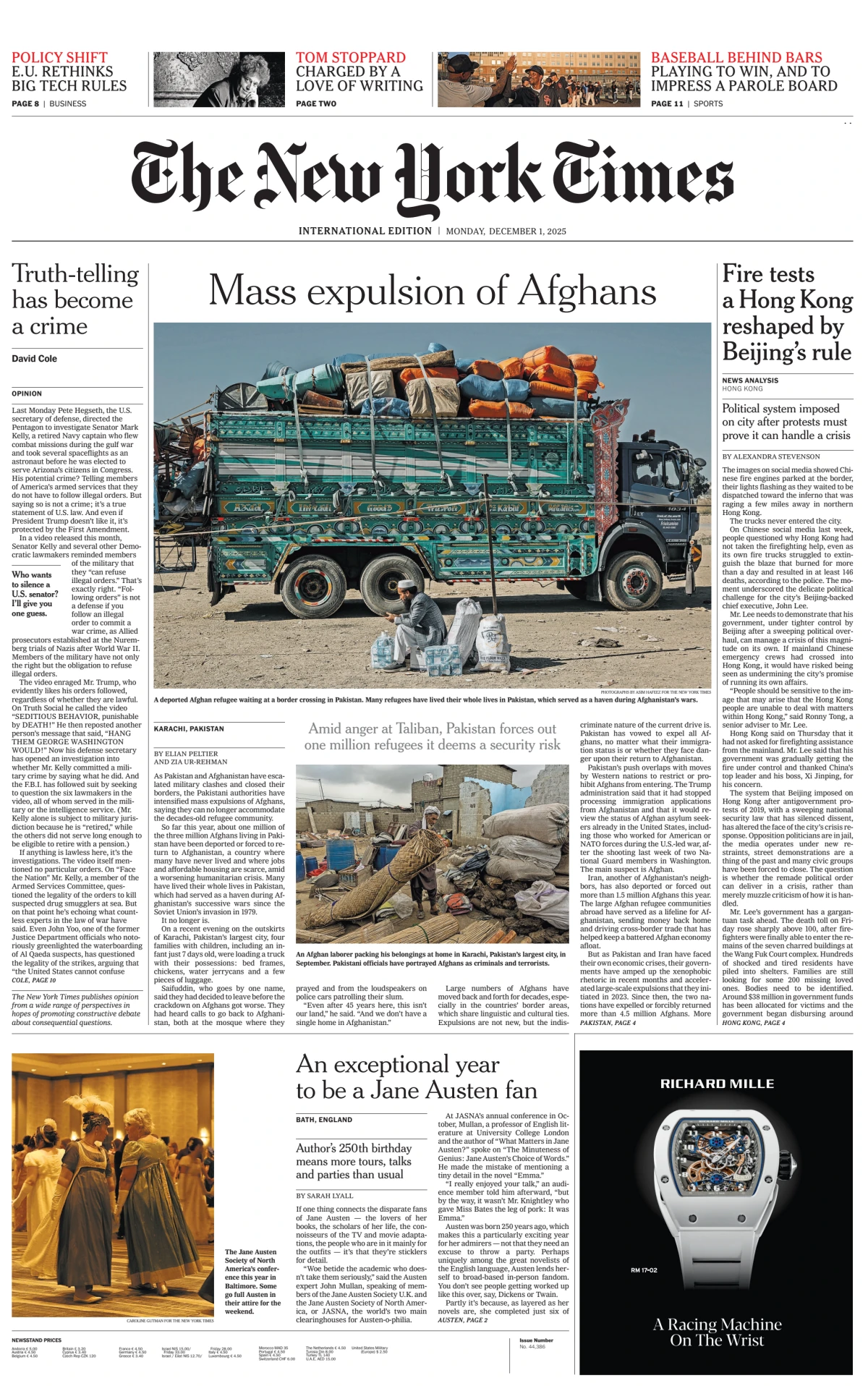 Portada de The New York Times (international) del lunes, 1 de diciembre de 2025