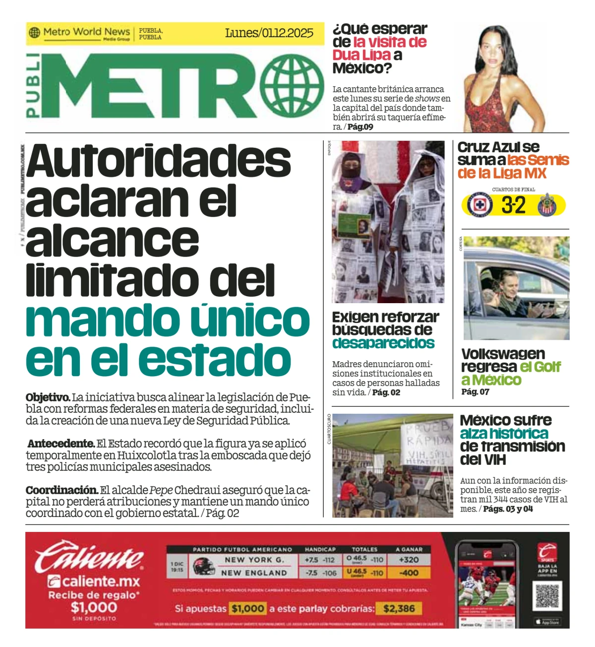 Portada de Publimetro Puebla del lunes, 1 de diciembre de 2025