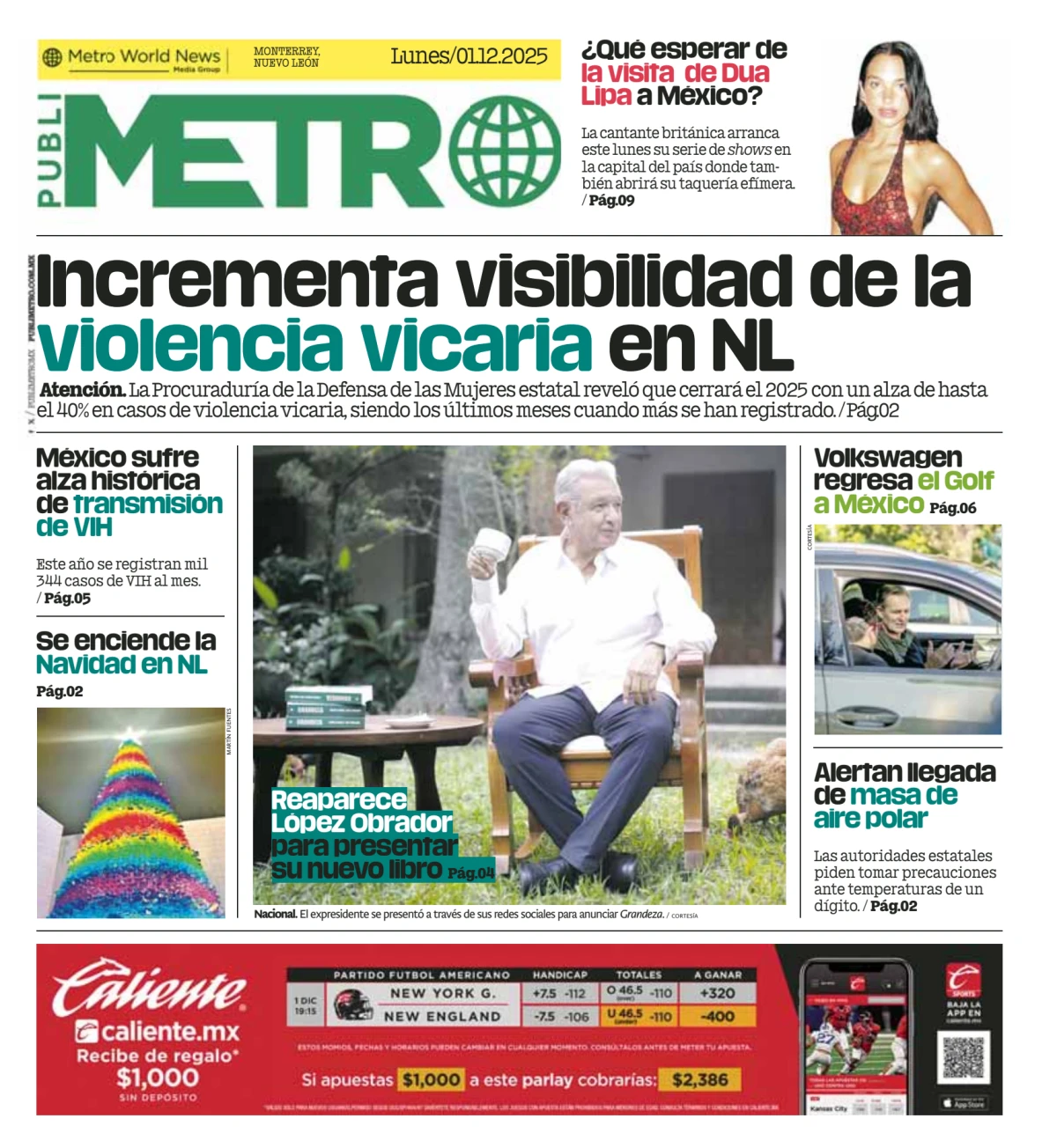 Portada de Publimetro Monterrey del lunes, 1 de diciembre de 2025