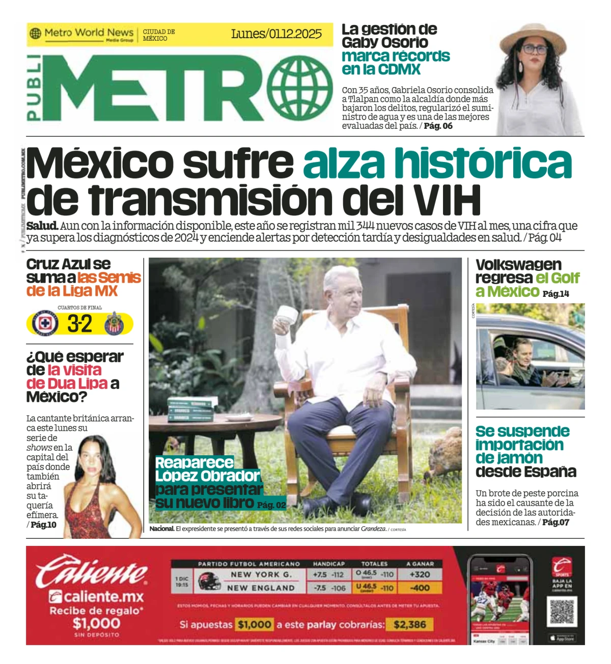 Portada de Publimetro Nacional del lunes, 1 de diciembre de 2025