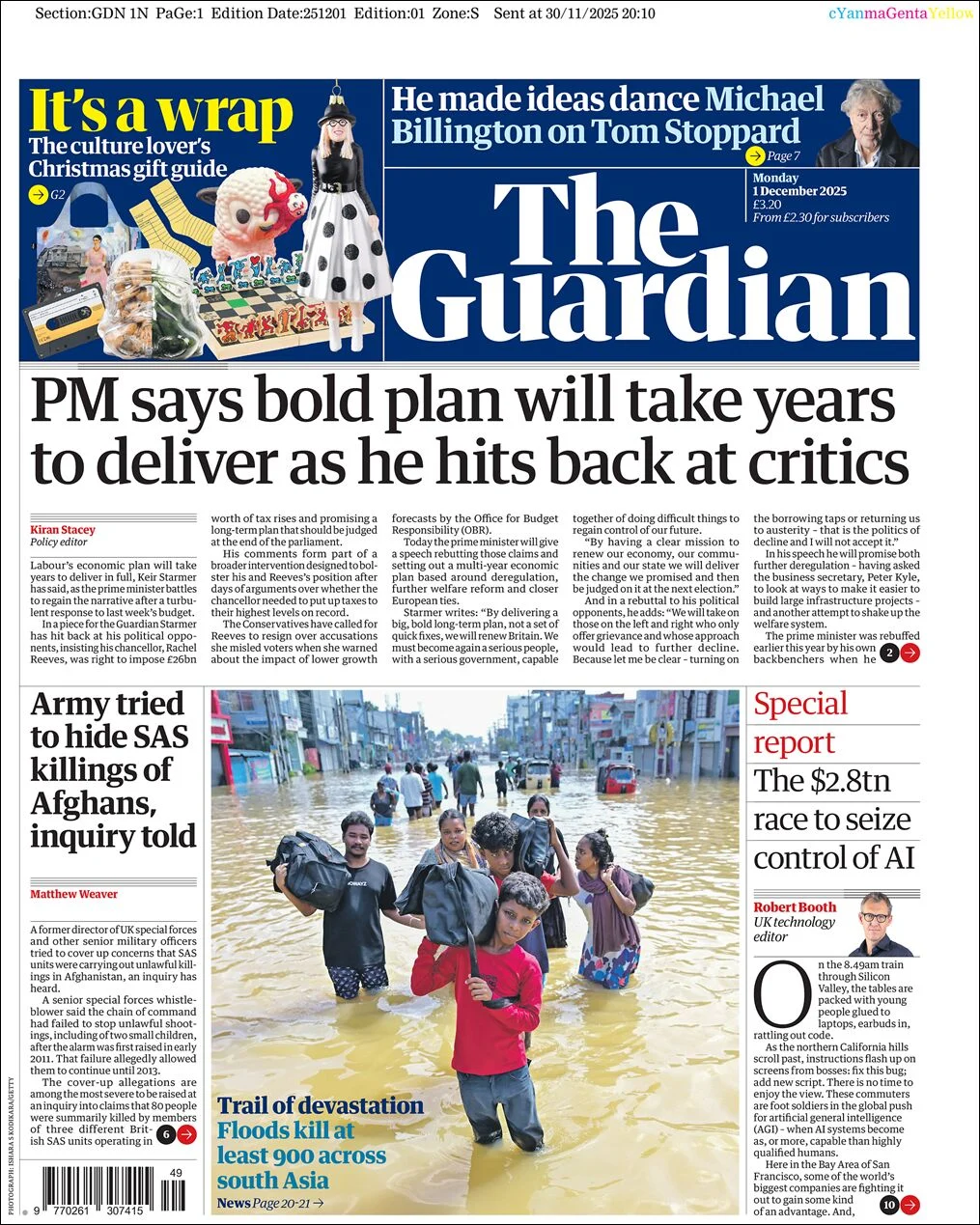 Portada de The Guardian (reino Unido) del lunes, 1 de diciembre de 2025