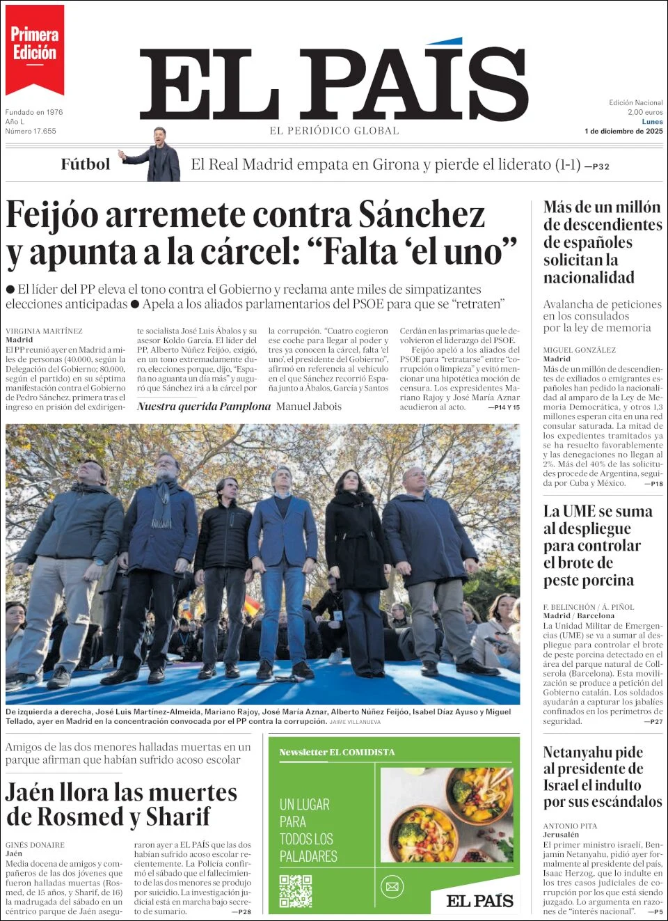 Portada de El Pais del lunes, 1 de diciembre de 2025