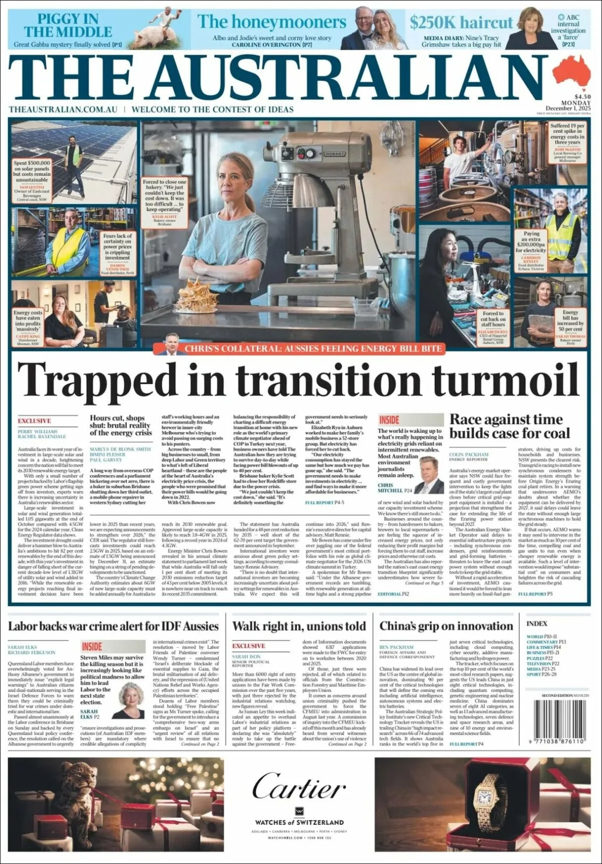 Portada de The Australian del lunes, 1 de diciembre de 2025