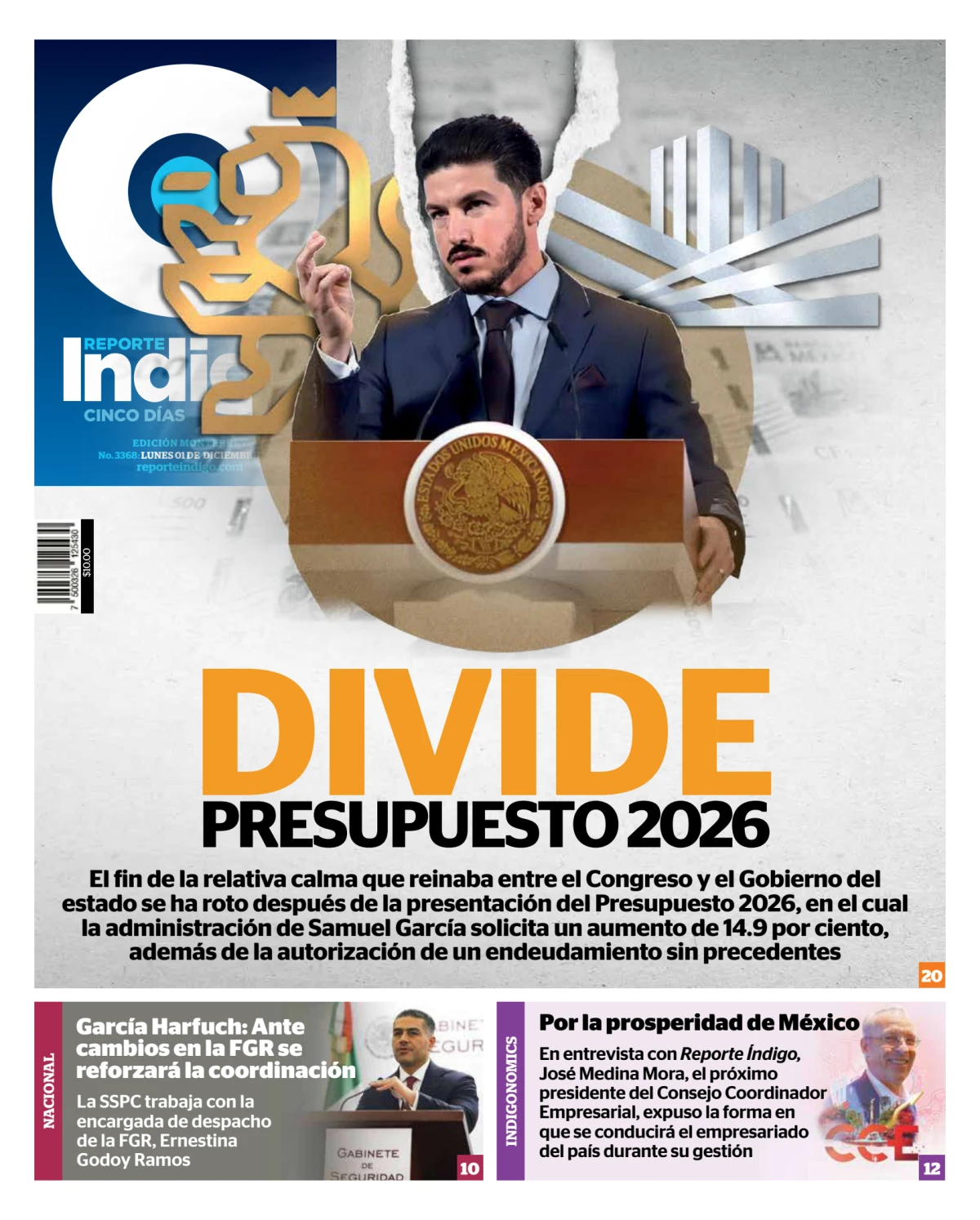 Portada de Reporte Indigo Monterrey del lunes, 1 de diciembre de 2025