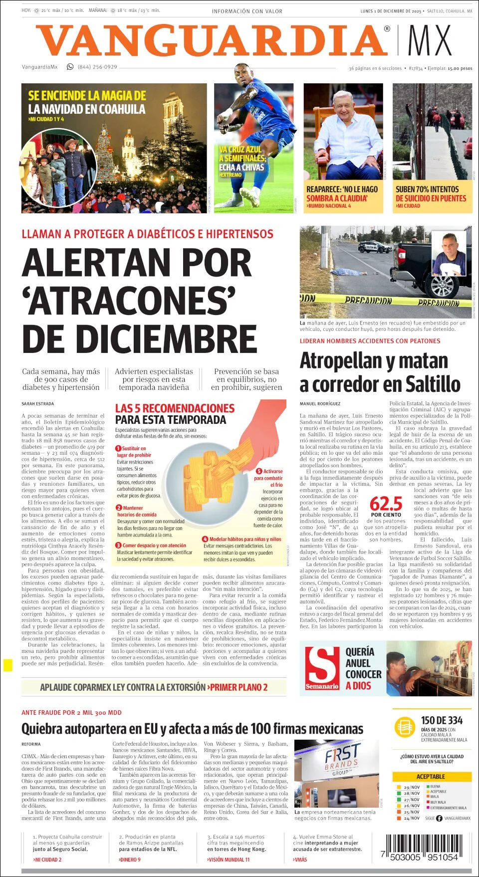 Portada de Vanguardia del lunes, 1 de diciembre de 2025