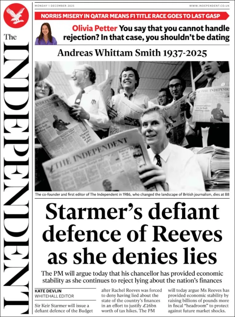 Portada de The Independent del lunes, 1 de diciembre de 2025
