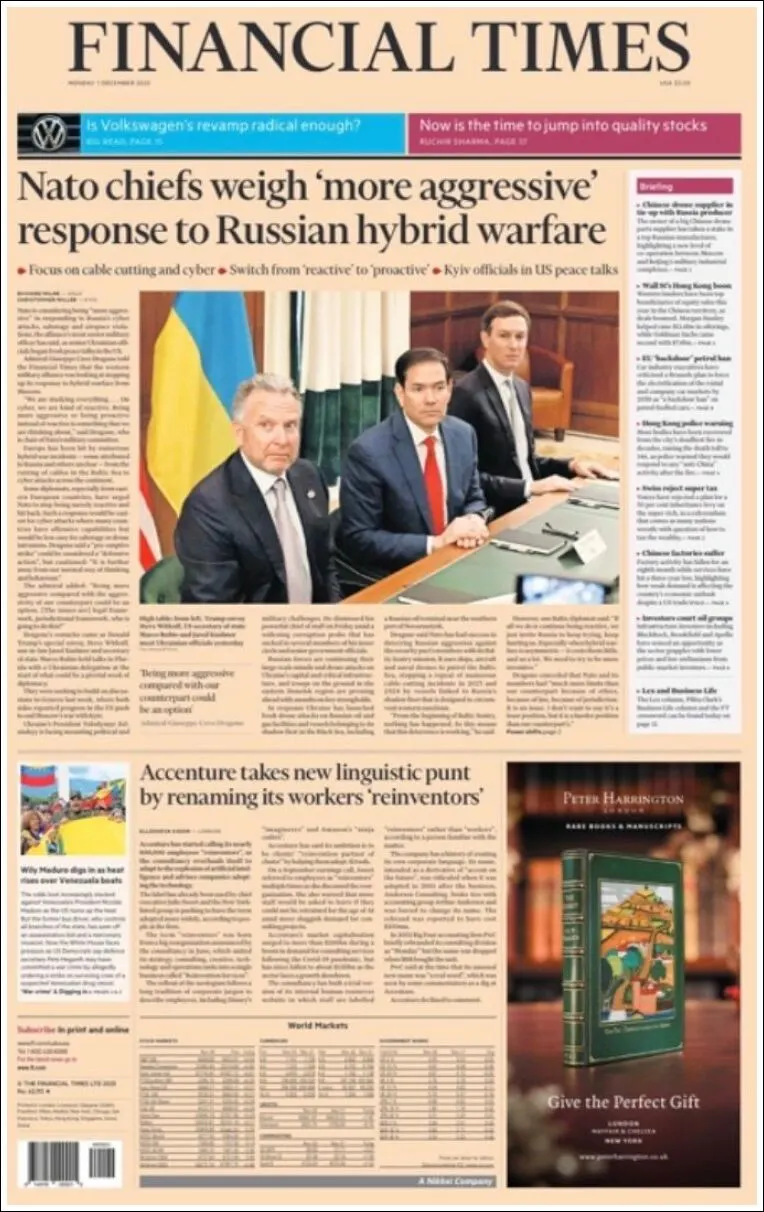 Portada de Financial Times del lunes, 1 de diciembre de 2025