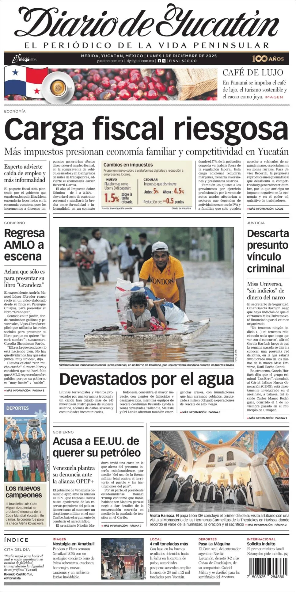 Portada de Diario de Yucatán del lunes, 1 de diciembre de 2025