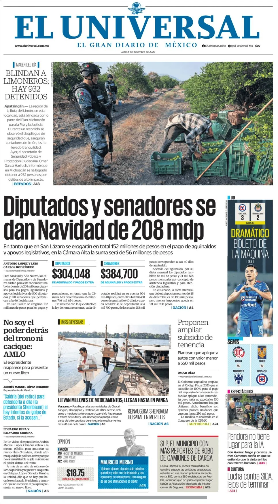 Portada de El Universal del lunes, 1 de diciembre de 2025