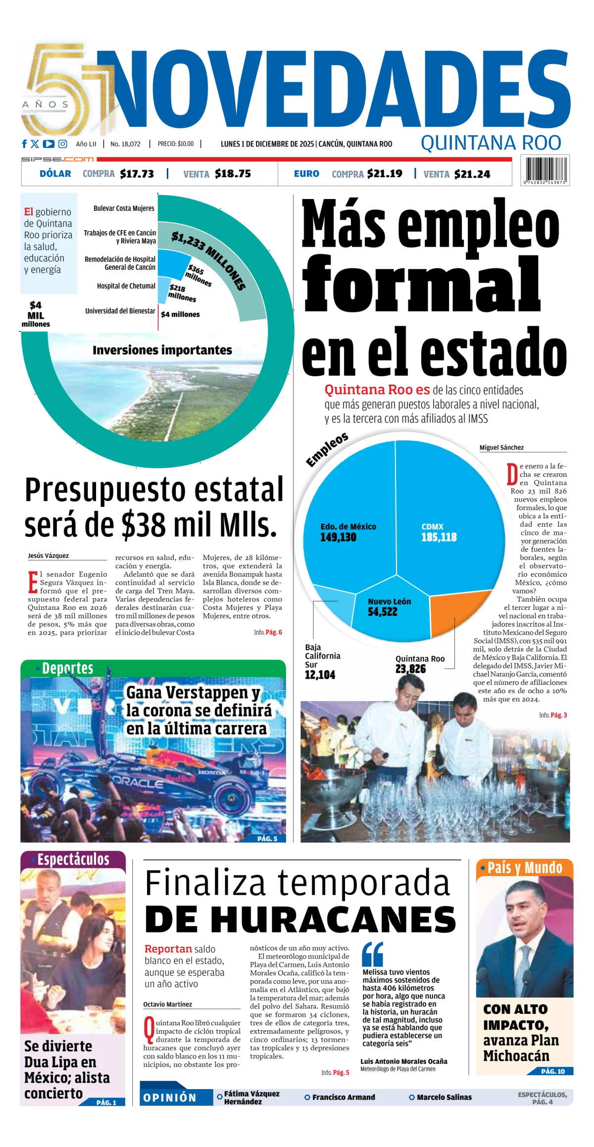 Portada de Novedades Quintana Roo del lunes, 1 de diciembre de 2025