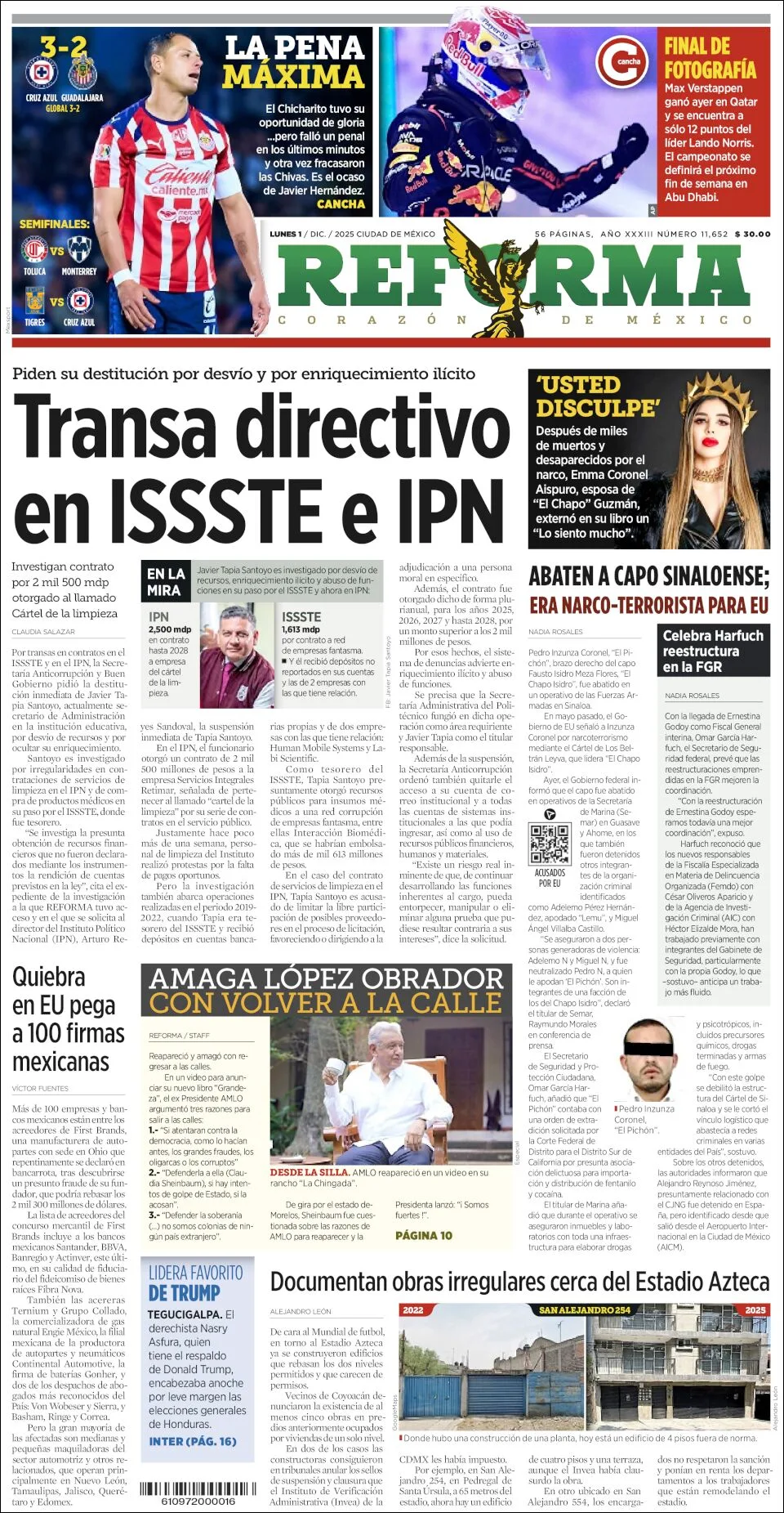 Portada de Reforma del lunes, 1 de diciembre de 2025