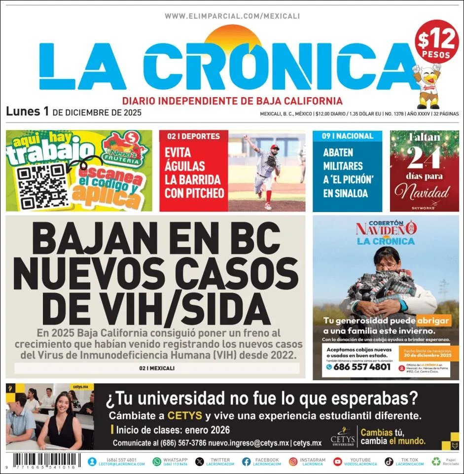 Portada de La Cronica del lunes, 1 de diciembre de 2025