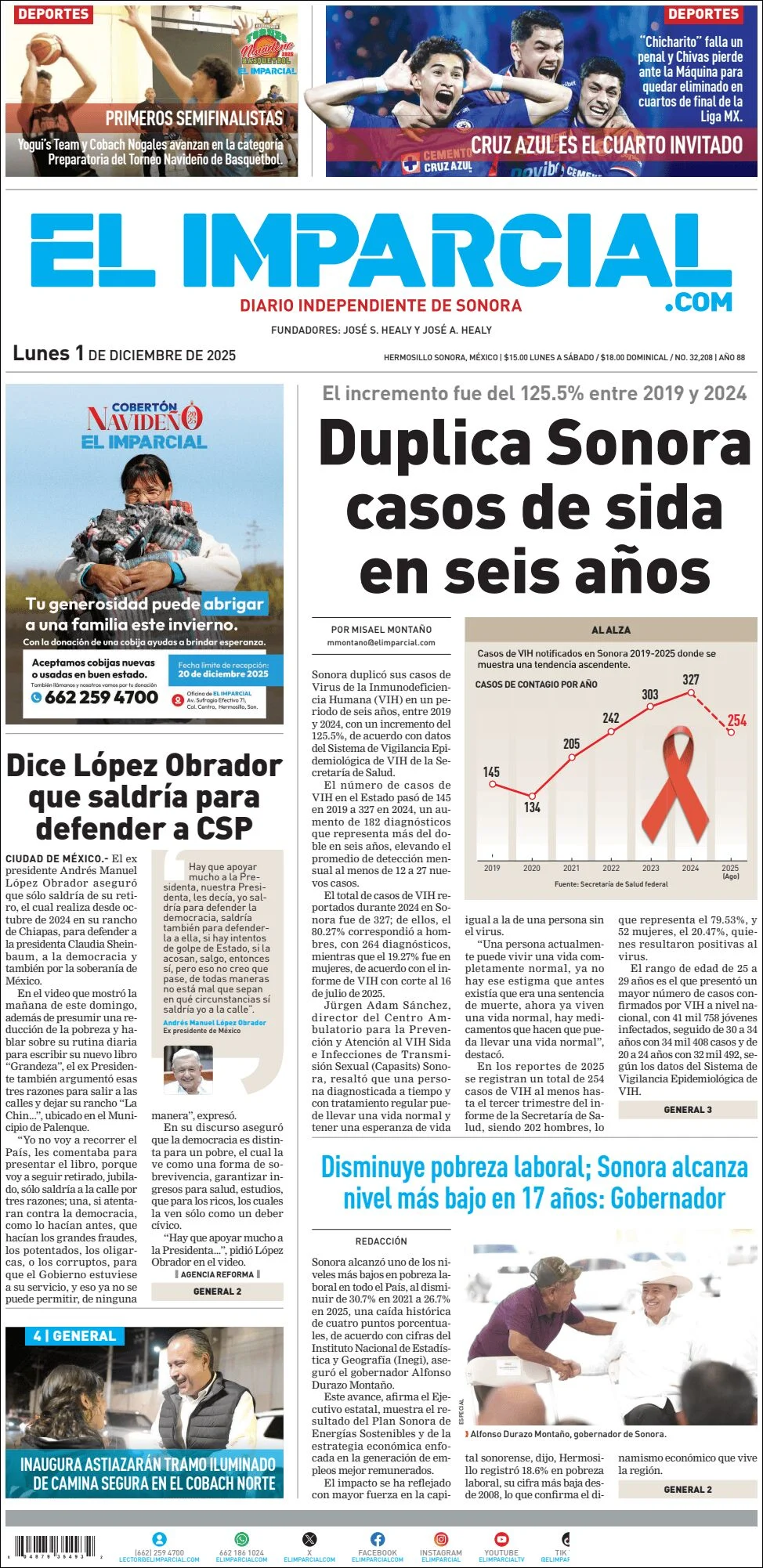 Portada de El Imparcial del lunes, 1 de diciembre de 2025