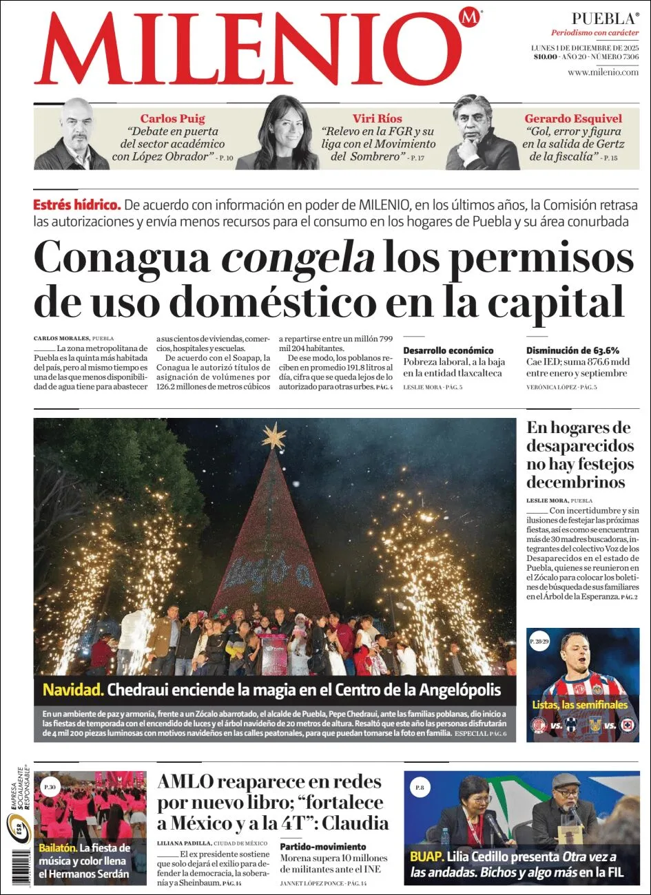 Portada de Milenio Puebla del lunes, 1 de diciembre de 2025