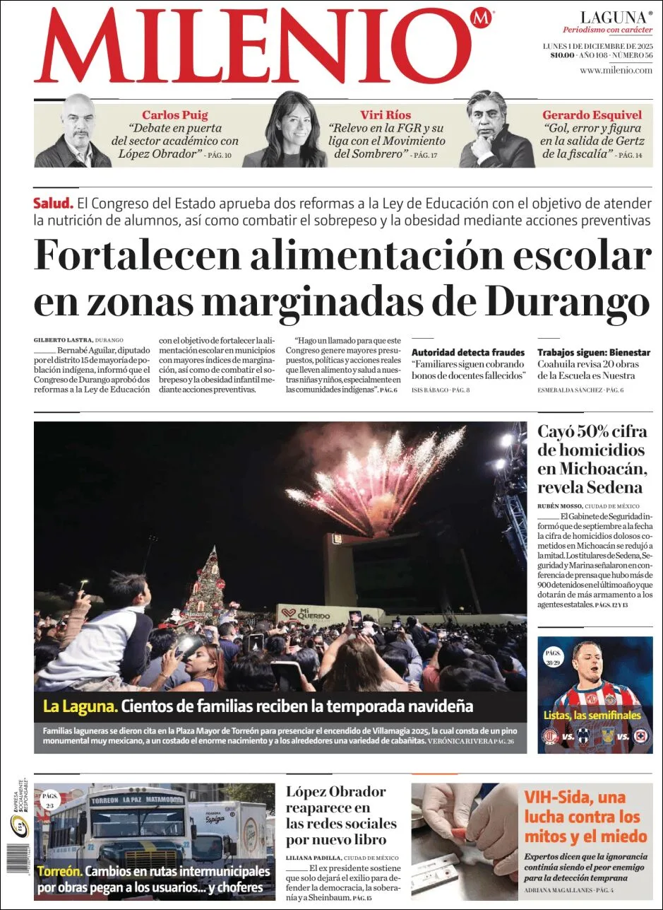 Portada de Milenio Laguna del lunes, 1 de diciembre de 2025