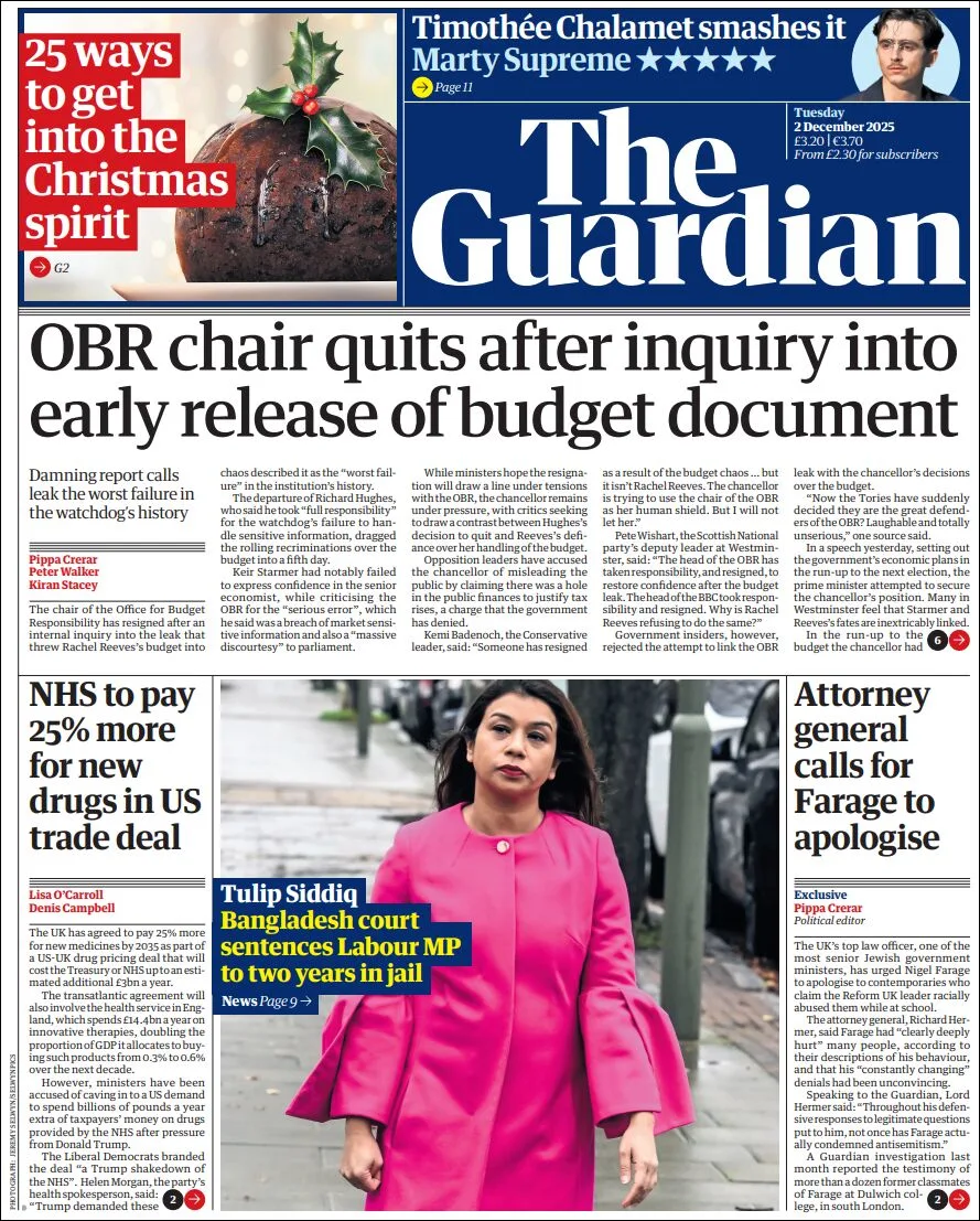 Portada de The Guardian (reino Unido) del martes, 2 de diciembre de 2025
