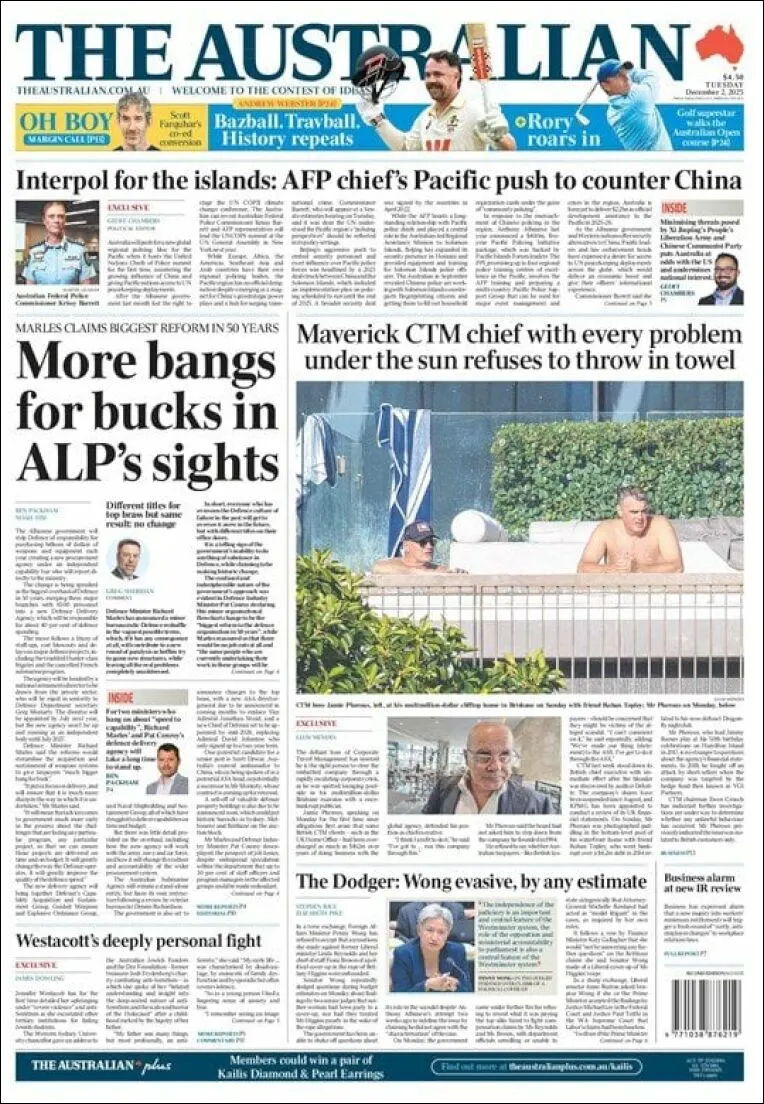 Portada de The Australian del martes, 2 de diciembre de 2025