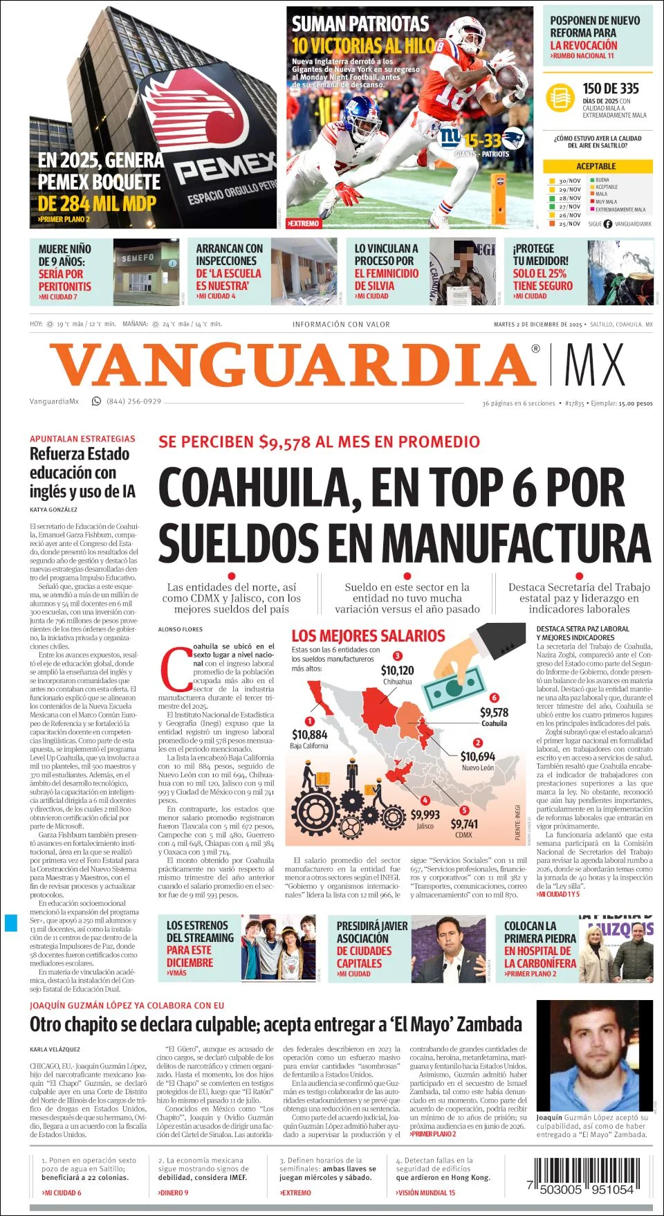 Portada de Vanguardia del martes, 2 de diciembre de 2025