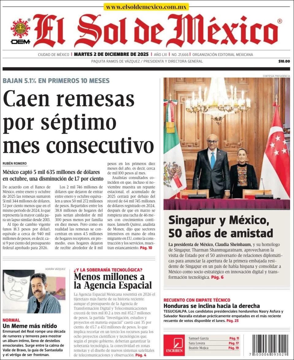 Portada de El Sol de Mexico del martes, 2 de diciembre de 2025