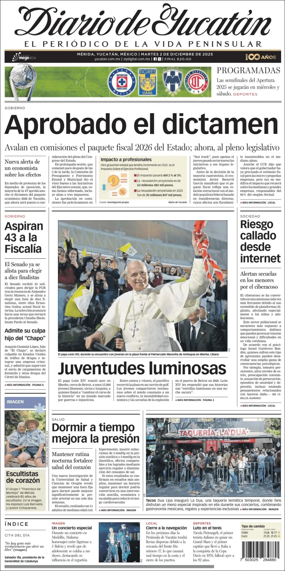 Portada de Diario de Yucatán del martes, 2 de diciembre de 2025
