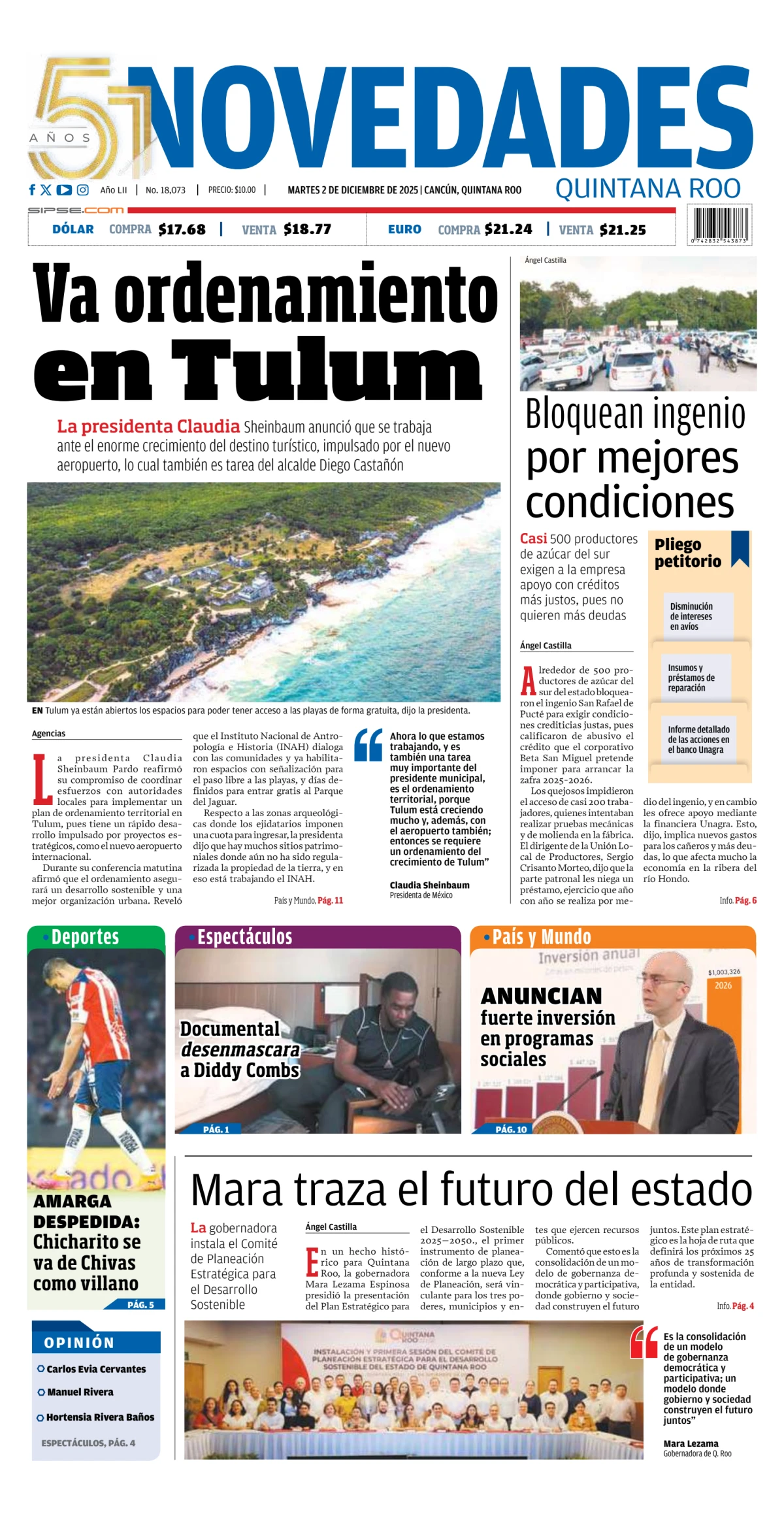 Portada de Novedades Quintana Roo del martes, 2 de diciembre de 2025