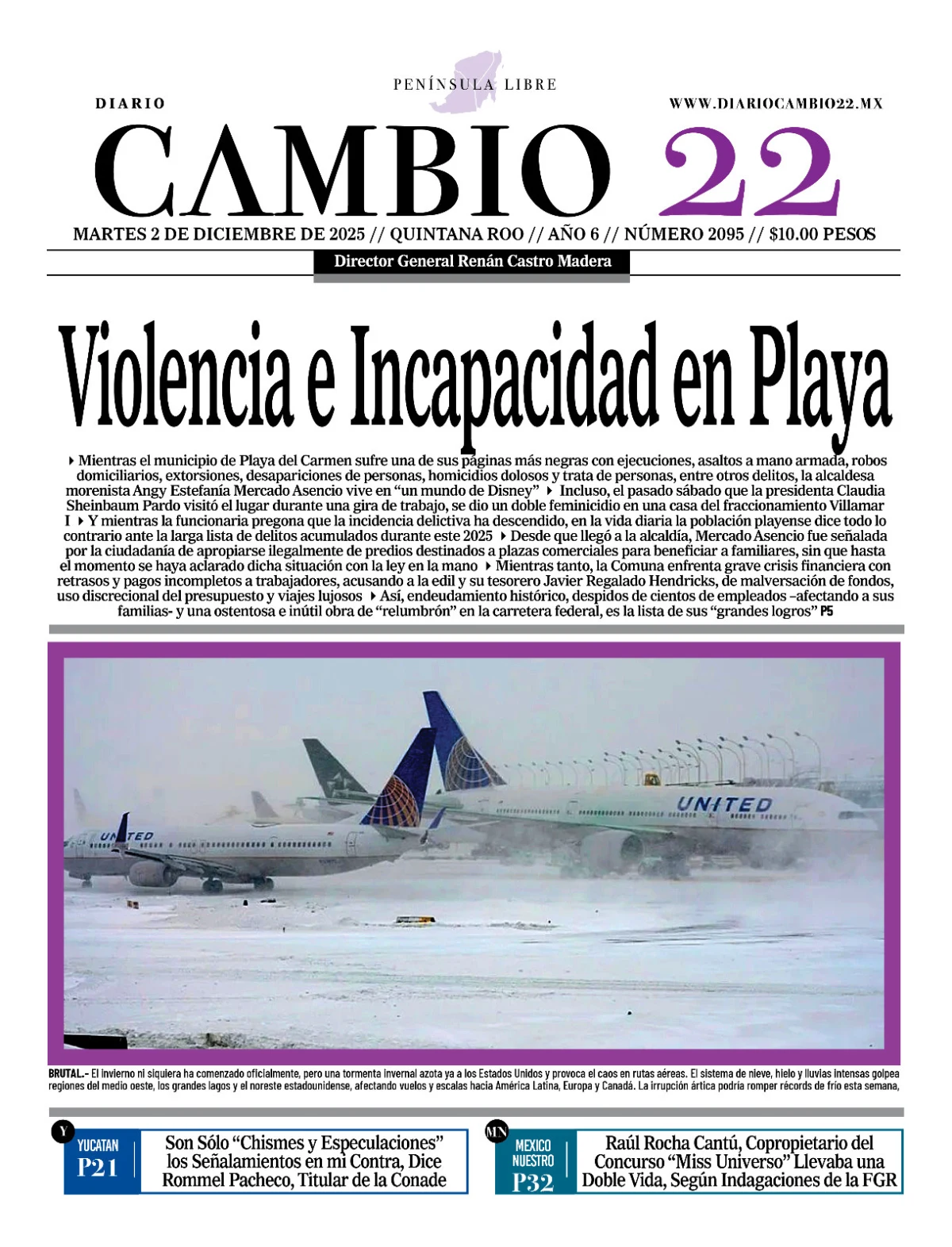 Portada de Diario Cambio 22 (contraportada) del martes, 2 de diciembre de 2025