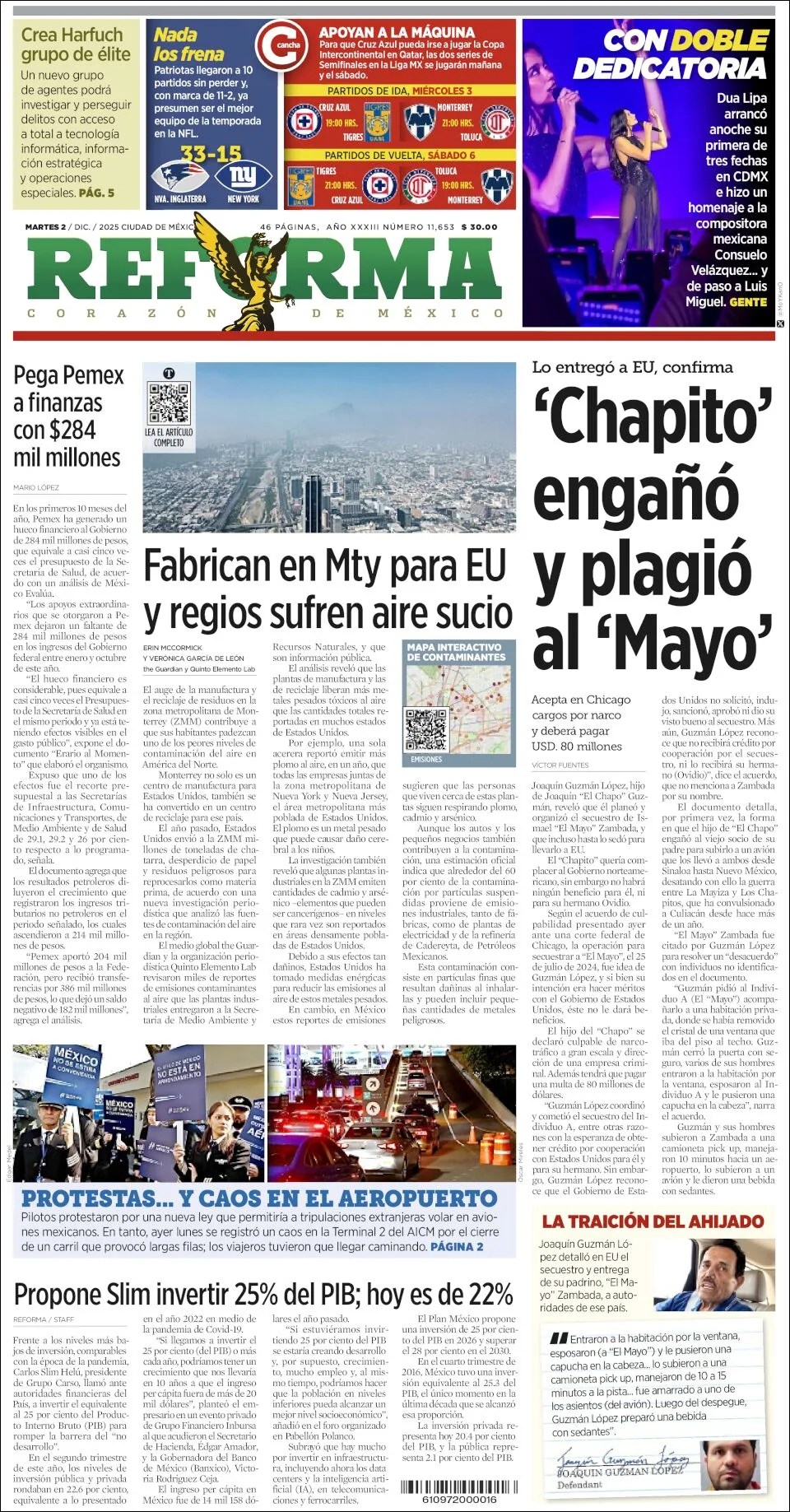 Portada de Reforma del martes, 2 de diciembre de 2025