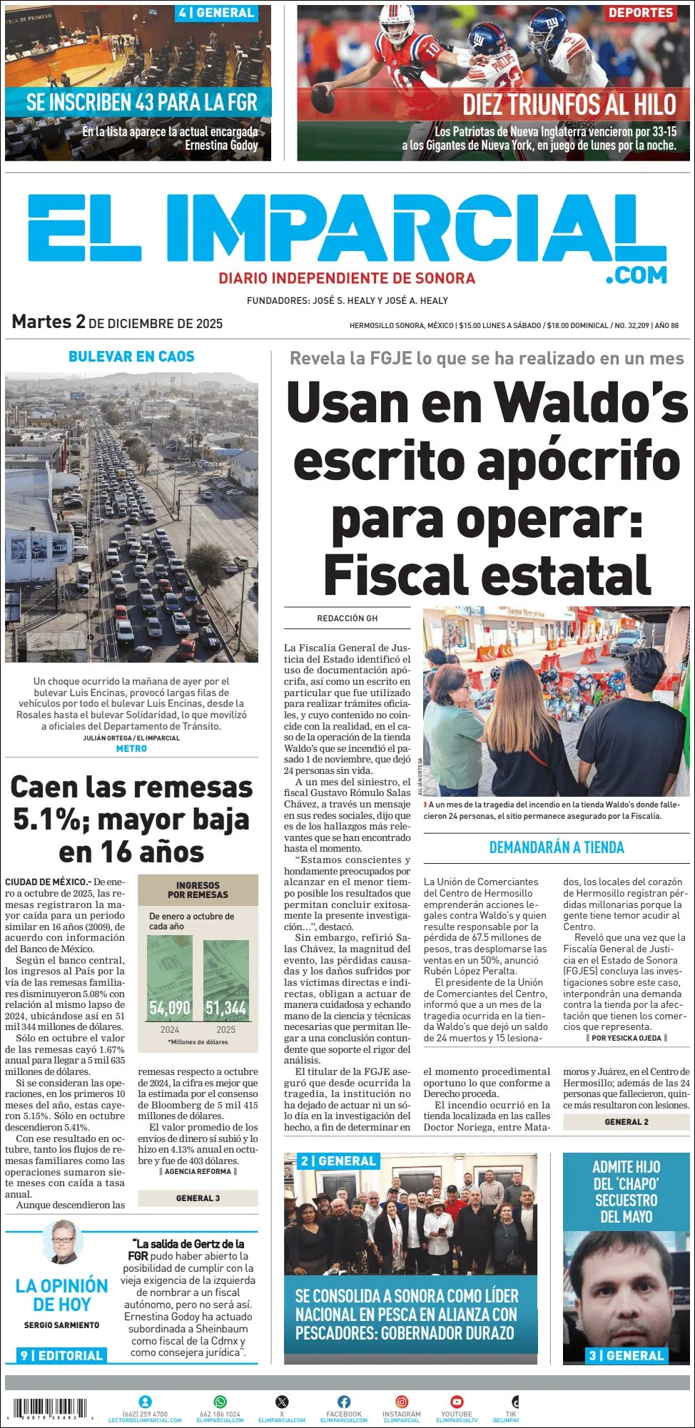 Portada de El Imparcial del martes, 2 de diciembre de 2025