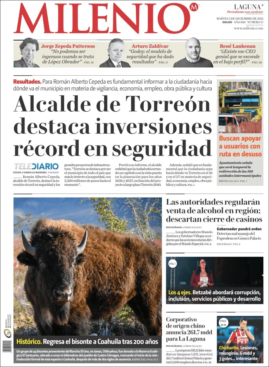 Portada de Milenio Laguna del martes, 2 de diciembre de 2025