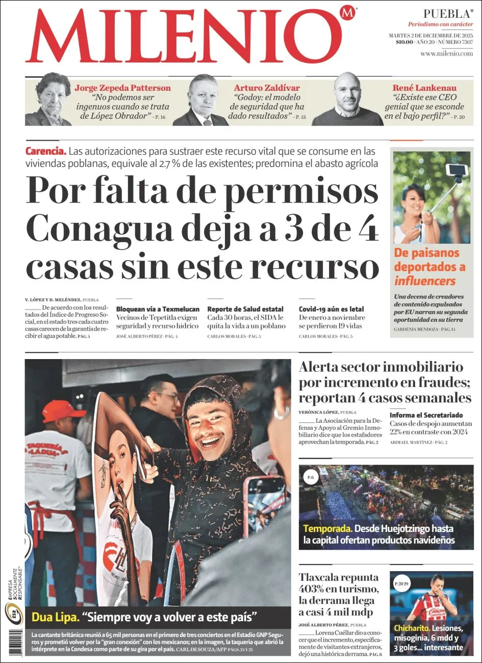 Portada de Milenio Puebla del martes, 2 de diciembre de 2025