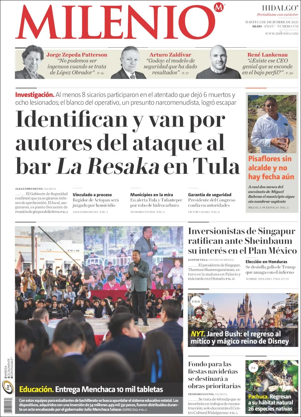 Portada de Milenio Hidalgo del martes, 2 de diciembre de 2025