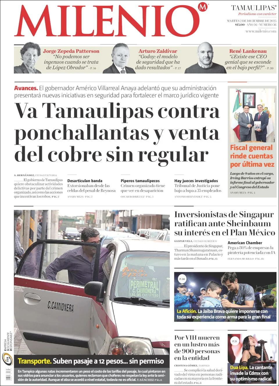 Portada de Milenio Tamaulipas del martes, 2 de diciembre de 2025