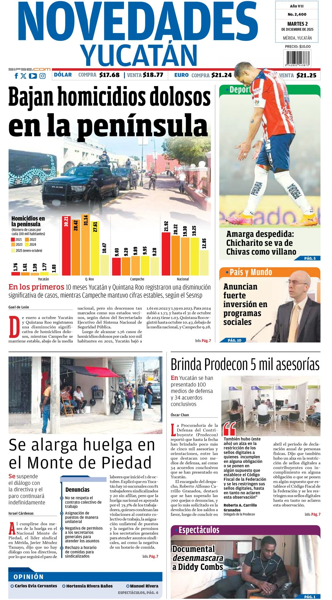 Portada de Novedades Yucatan del martes, 2 de diciembre de 2025