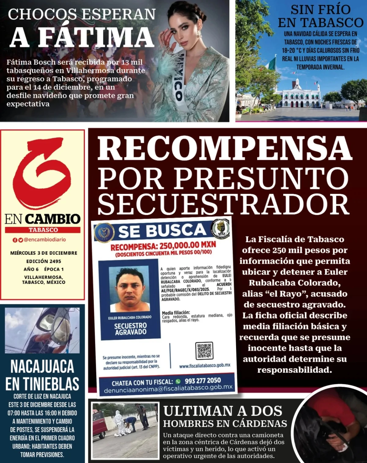 Portada de En Cambio - Tabasco (contraportada) del miércoles, 3 de diciembre de 2025