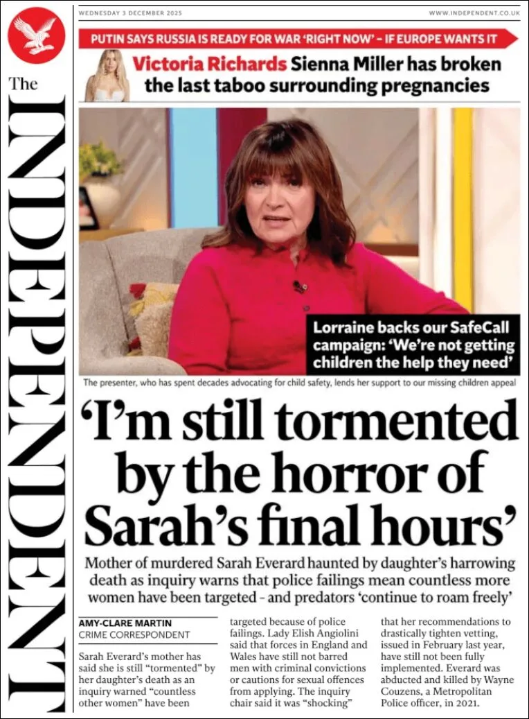Portada de The Independent del miércoles, 3 de diciembre de 2025