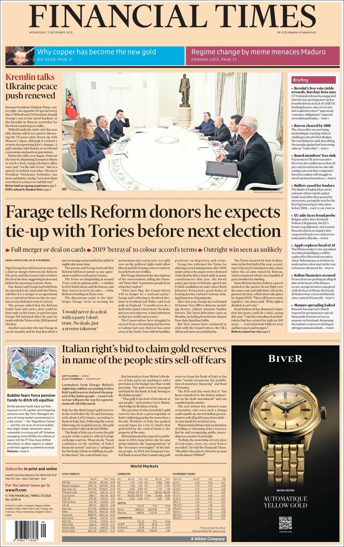 Portada de Financial Times del miércoles, 3 de diciembre de 2025