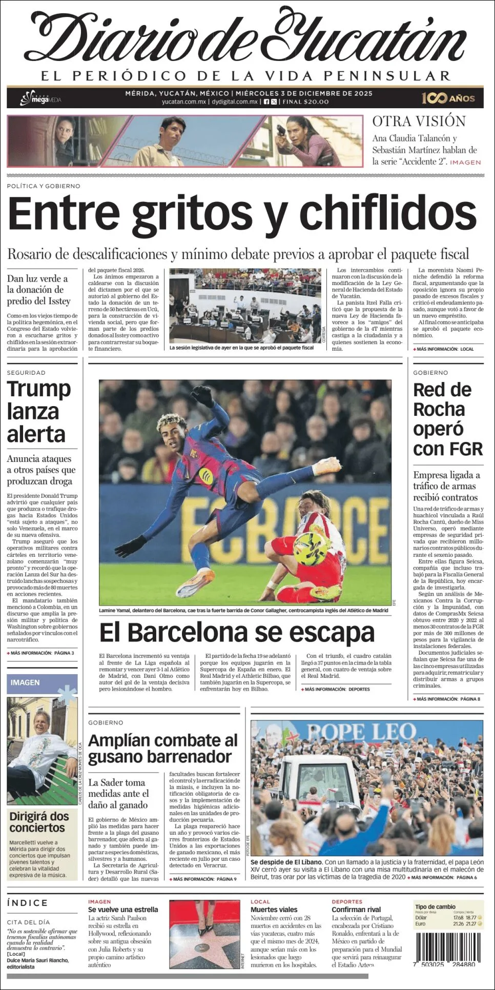 Portada de Diario de Yucatán del miércoles, 3 de diciembre de 2025