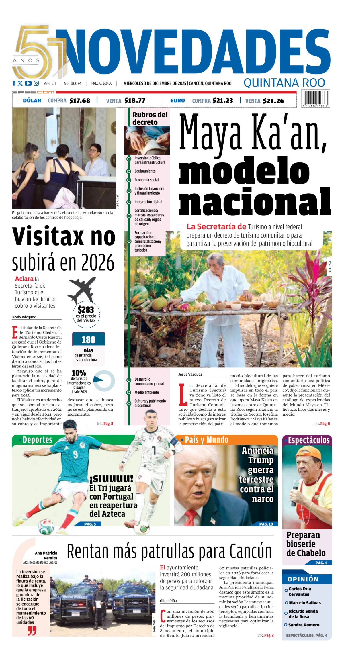 Portada de Novedades Quintana Roo del miércoles, 3 de diciembre de 2025
