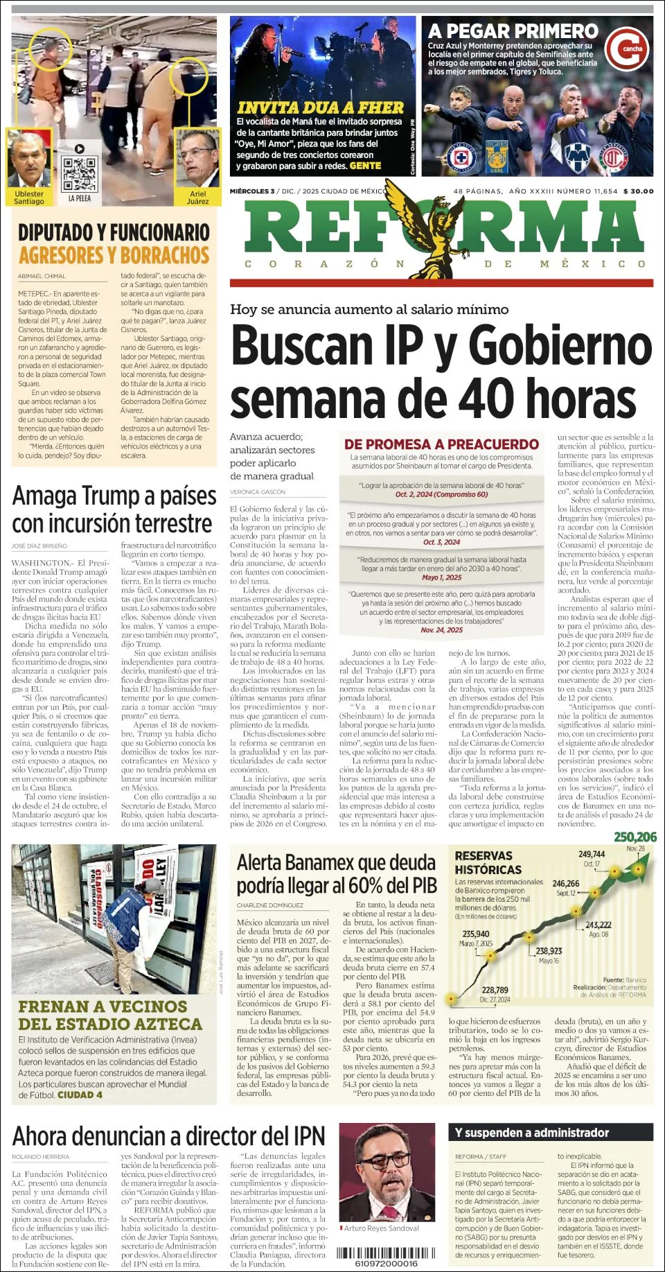 Portada de Reforma del miércoles, 3 de diciembre de 2025