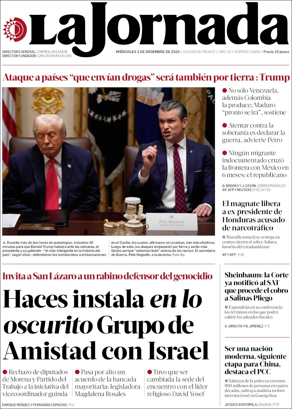 Portada de La Jornada del miércoles, 3 de diciembre de 2025