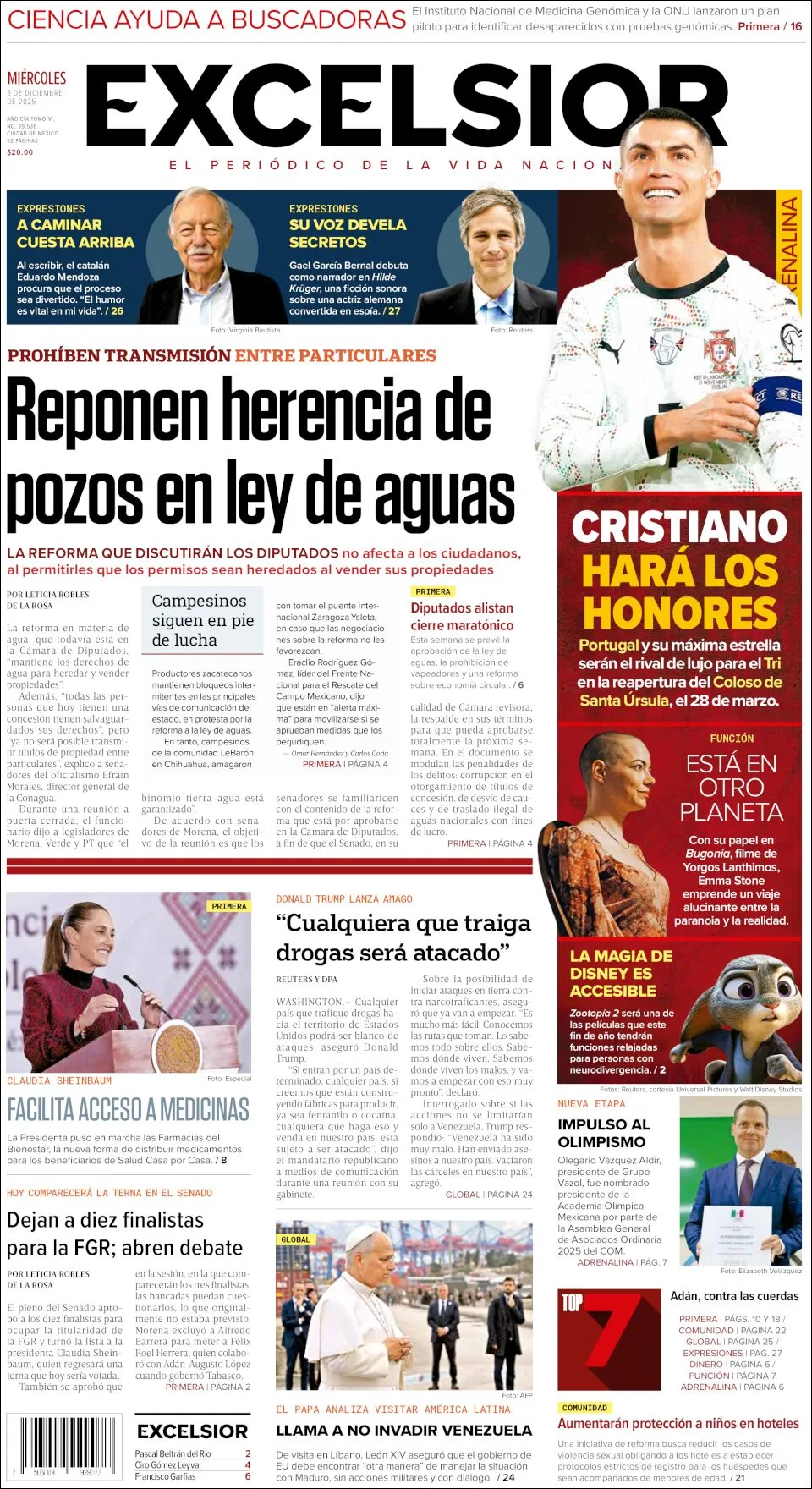 Portada de Excelsior del miércoles, 3 de diciembre de 2025