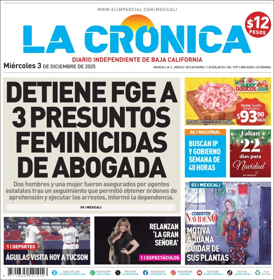 Portada de La Cronica del miércoles, 3 de diciembre de 2025