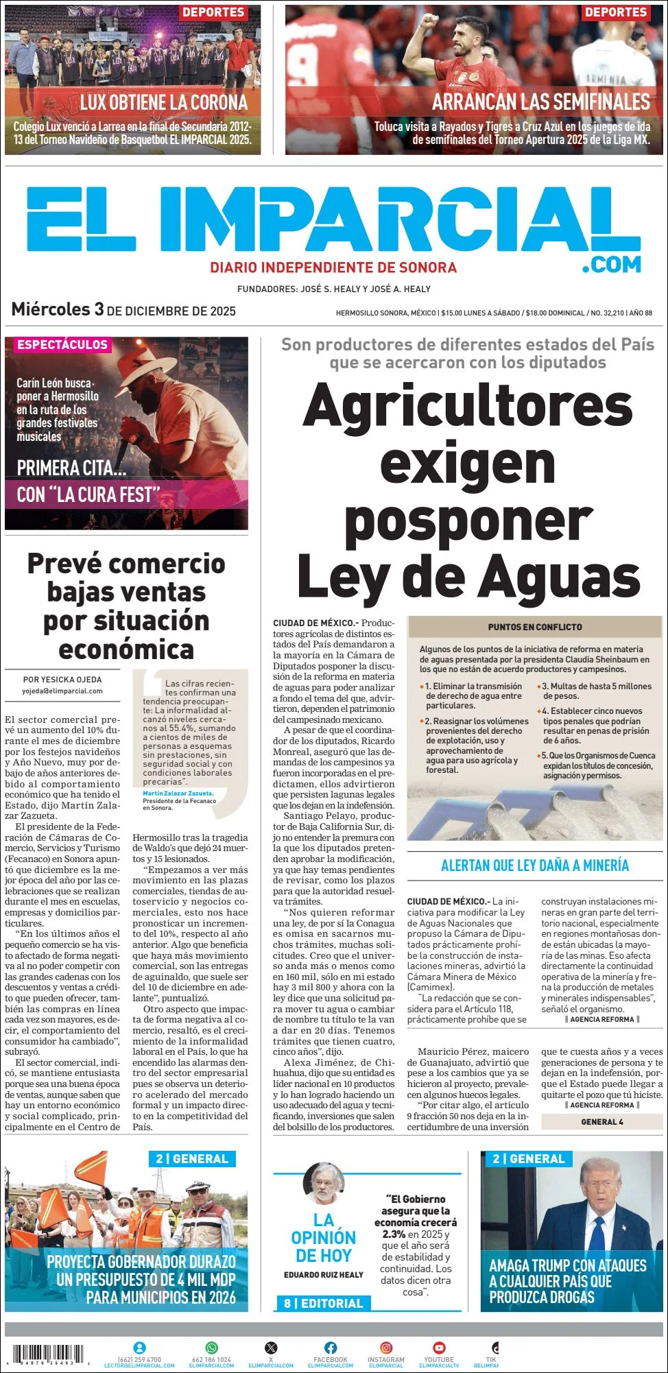 Portada de El Imparcial del miércoles, 3 de diciembre de 2025