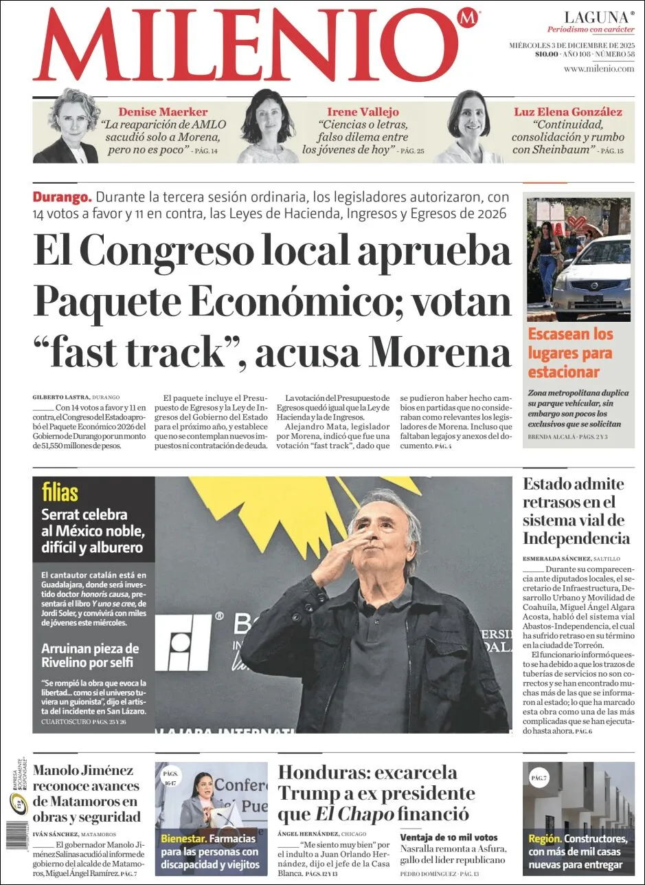 Portada de Milenio Laguna del miércoles, 3 de diciembre de 2025