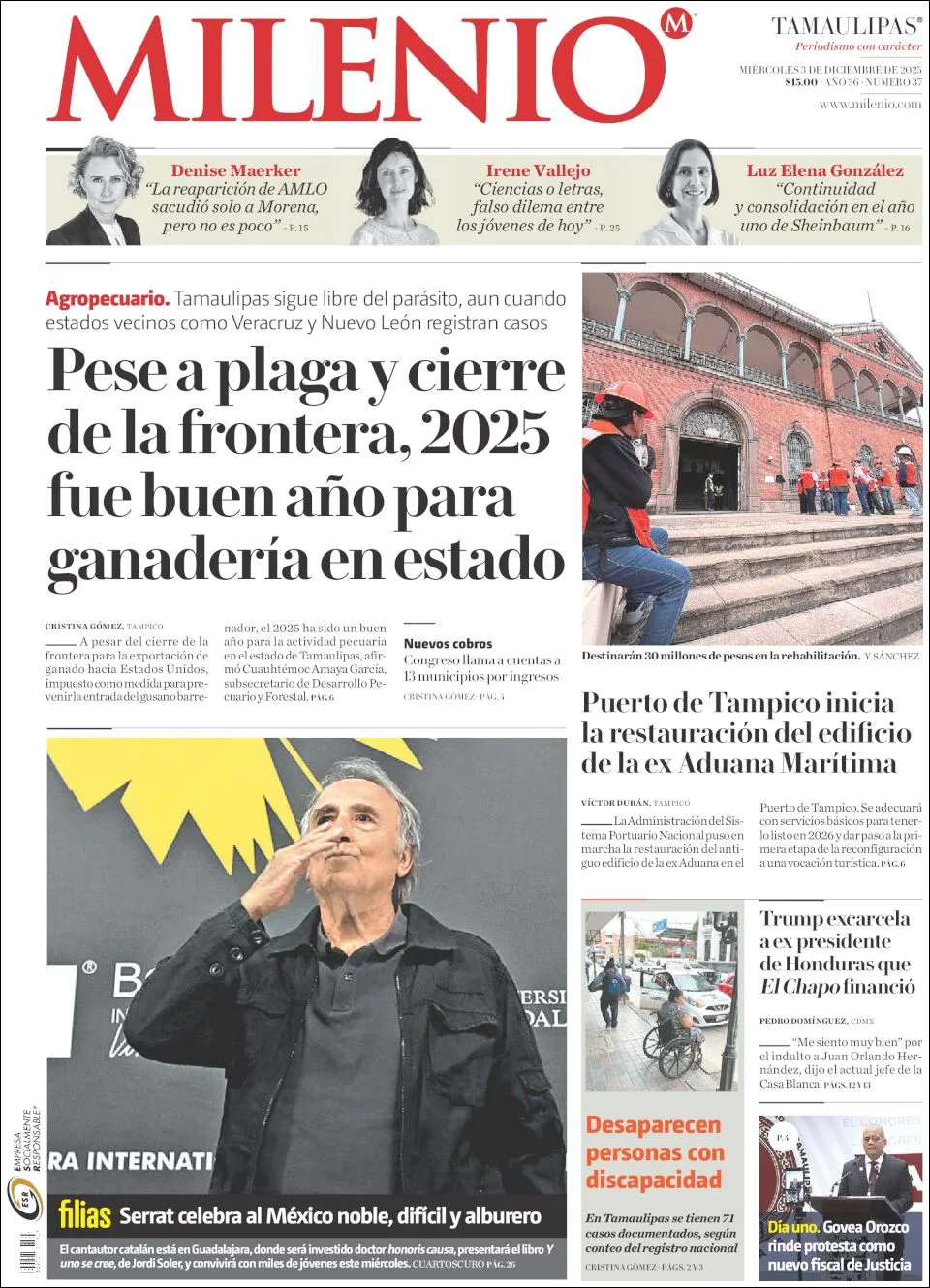 Portada de Milenio Tamaulipas del miércoles, 3 de diciembre de 2025