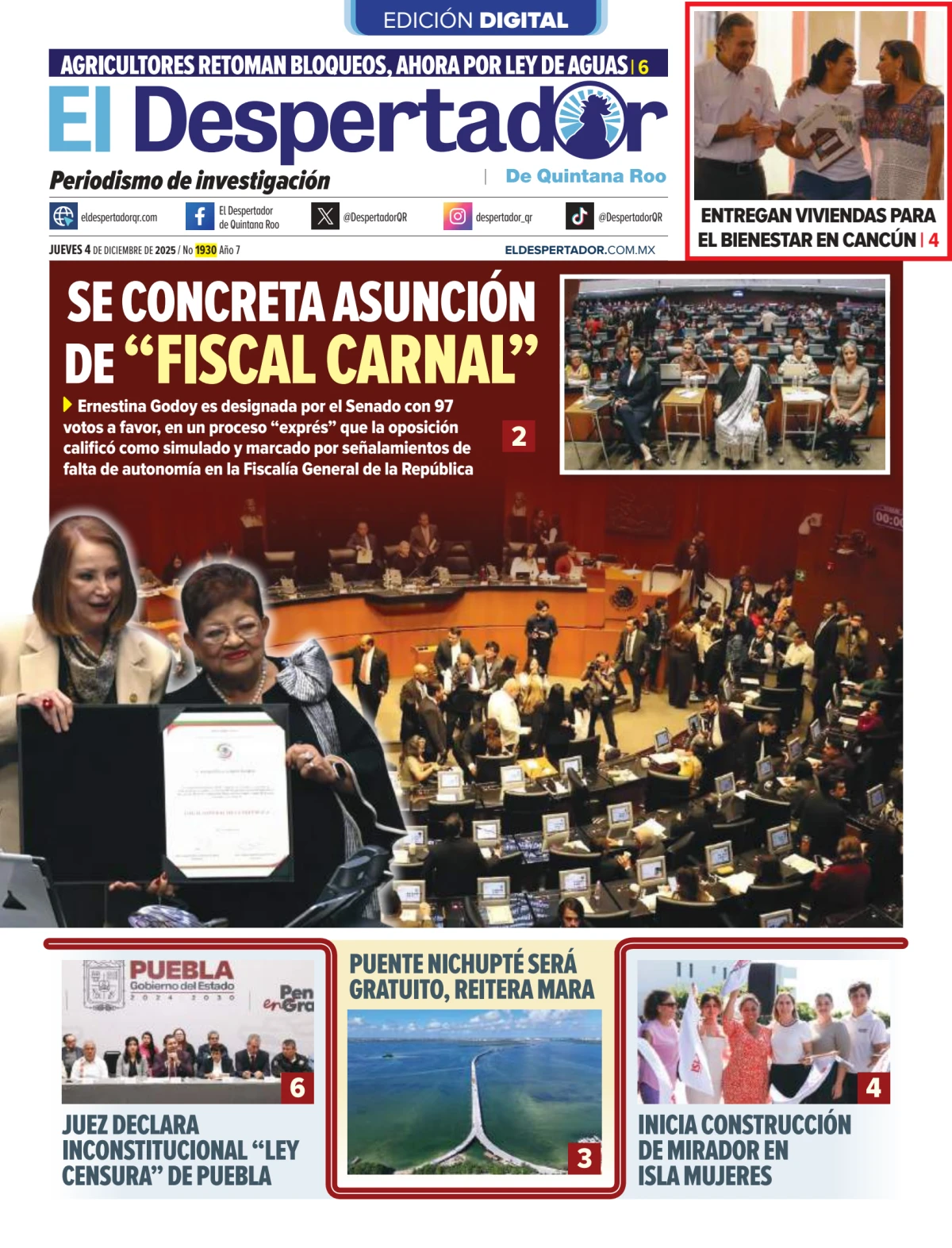Portada de El Despertador de Quintana Roo del jueves, 4 de diciembre de 2025