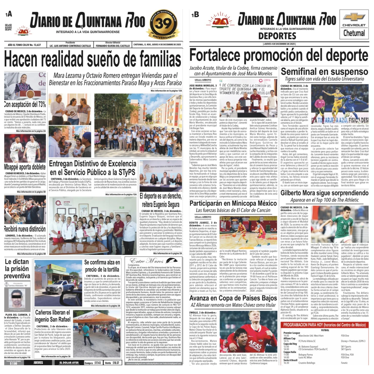 Portada de Diario de Quintana Roo (portada) del jueves, 4 de diciembre de 2025
